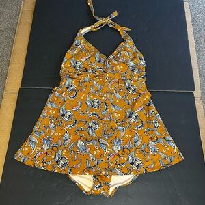 Garnet Hill Yellow Paisley Ruched Swim Dress Overlay Bathing Suit Size 14 New